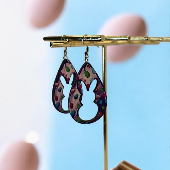 Wood Colorful Egg Print With Bunny Cutout Teardrop Earrings - Picture 3 of 5